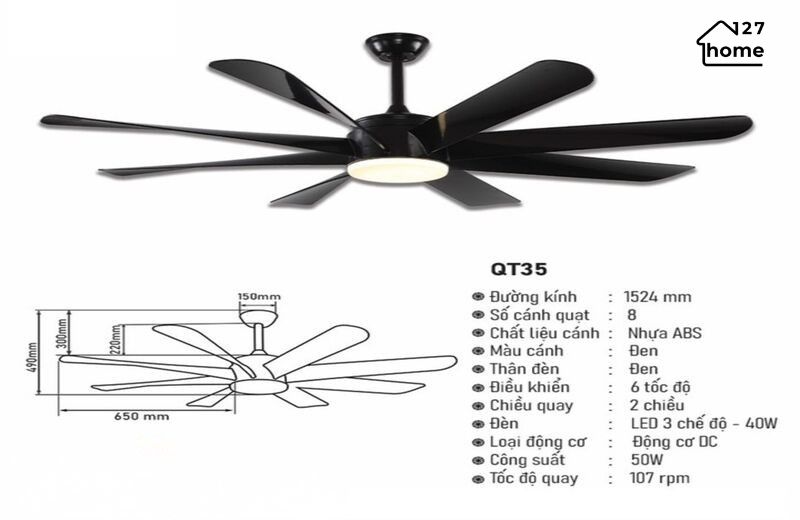 Thông tin chi tiết về Đèn Quạt Trần Athem QT35