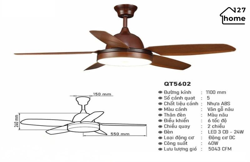 Thông tin chi tiết về Đèn Quạt Trần Roger QT5602