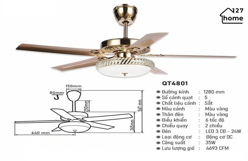 Thông tin chi tiết về Đèn Quạt Trần Walnut QT4801