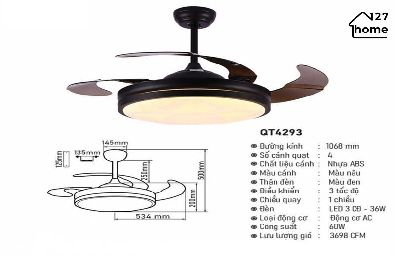 Thông tin chi tiết về Quạt Trần Giấu Cánh Albus QT4293