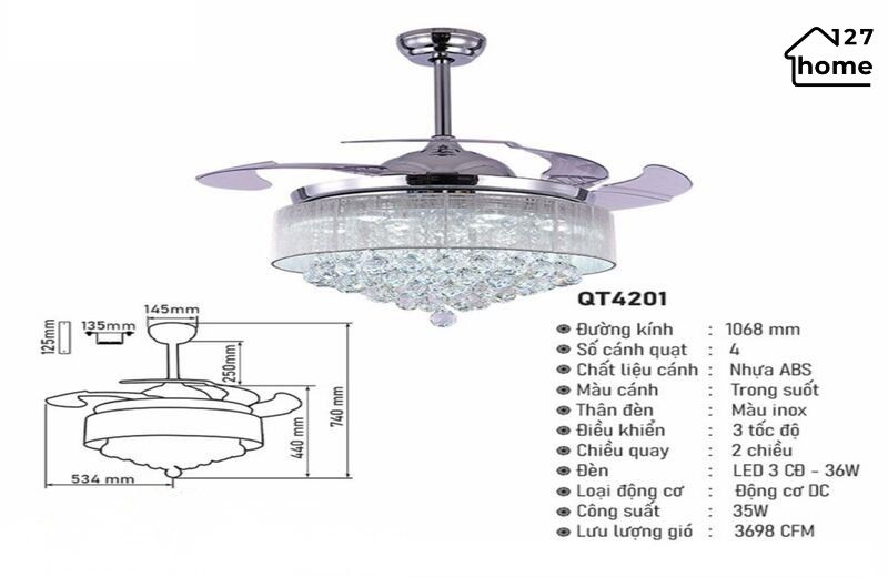 Thông tin chi tiết về Quạt Trần Giấu Cánh Lemon QT4201