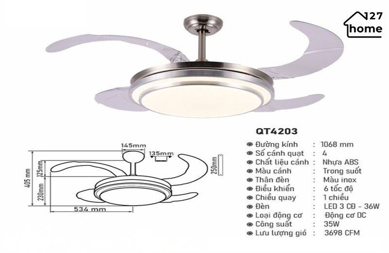 Thông tin chi tiết về Quạt Trần Giấu Cánh Linen QT4203