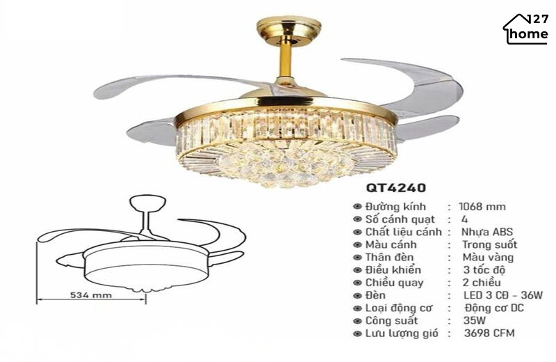 Thông tin chi tiết về Quạt Trần Giấu Cánh Rustal QT4240