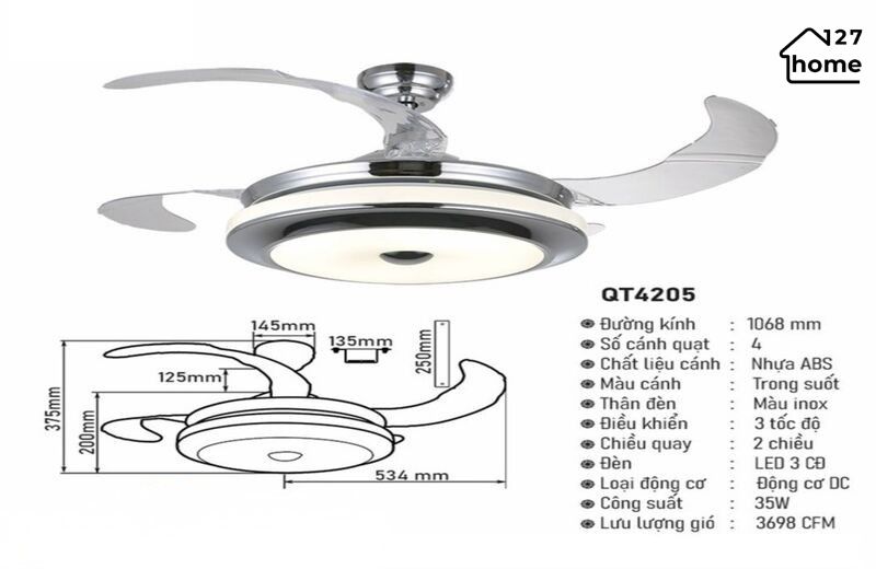 Thông tin chi tiết về Quạt Trần Giấu Cánh Vincent QT4205