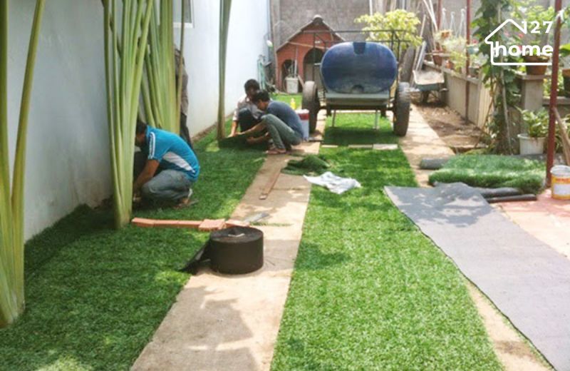 Trải thảm theo đúng hướng cỏ và cố định bằng keo dán hoặc đóng đinh