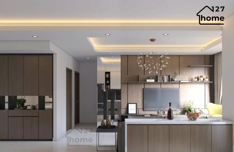 Bố trí đèn spotlight hoặc đèn LED COB chiếu điểm vào khu vực bếp nấu
