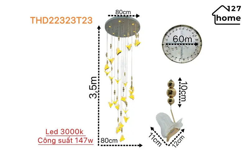 Đèn thả trần Franky THD22323 - kích thước thực tê có thể tăng giảm chiều dài cửa dây thả
