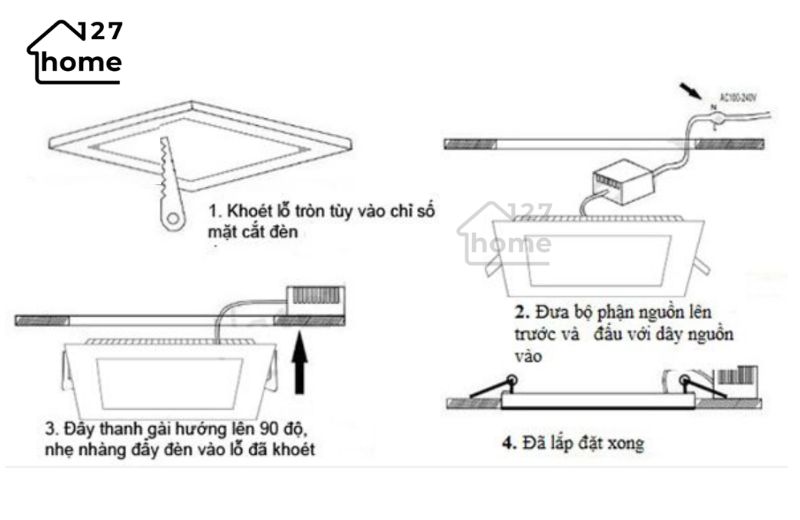 Đo lỗ khoét trần và đối chiếu với thông số kỹ thuật đèn từng mẫu/mã thương hiệu.