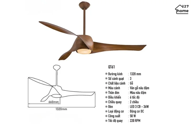 Thông tin chi tiết về Đèn Quạt Trần Goldwin QT61