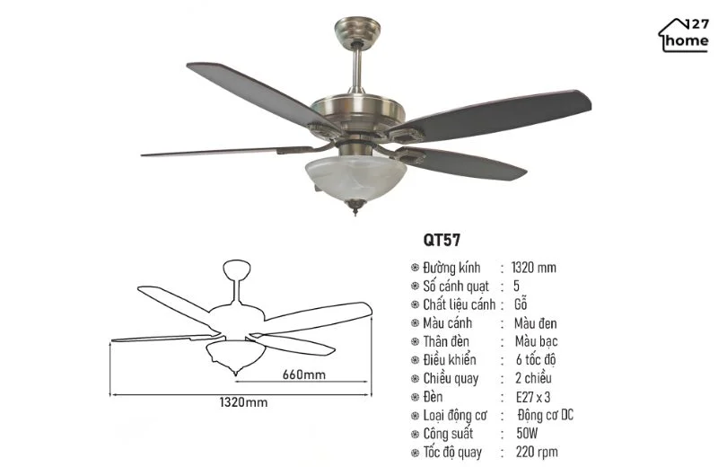 Thông tin chi tiết về Đèn Quạt Trần Milo QT57