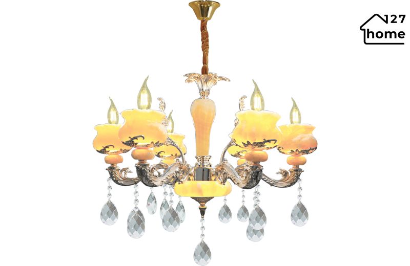 Đèn chùm bát đá – Sự kết hợp hoàn hảo giữa khung kim loại và chao đá tự nhiên.