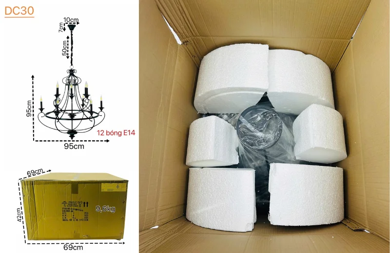 Kích thước và đóng thùng Đèn Chùm DC30