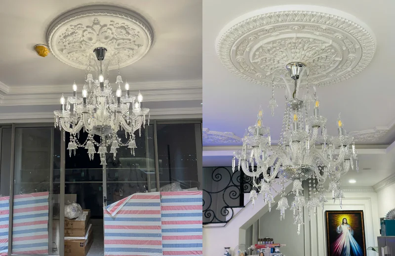 Ảnh cận Đèn Chùm Pha Lê DC9146T12 lúc bật và tắt đèn