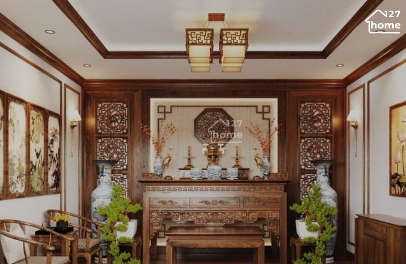 Mộc mạc mà sang trọng – đèn chùm gỗ giúp không gian thờ thêm ấm áp và gần gũi.