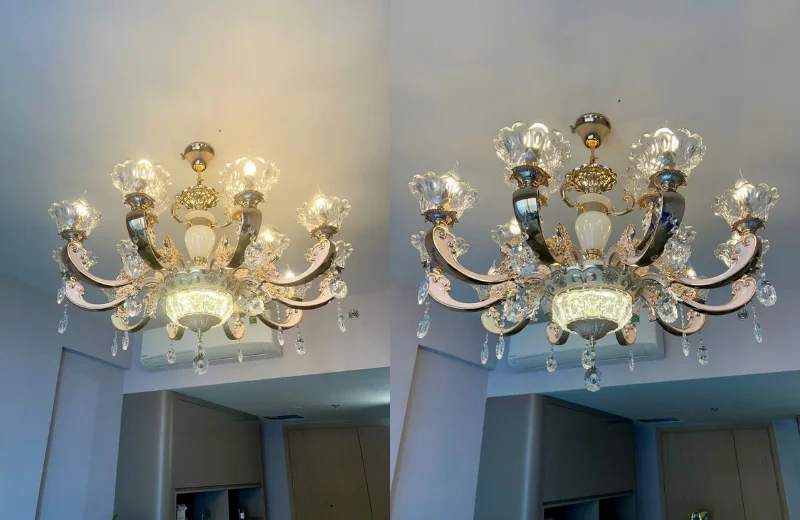 Đèn Chùm Pha Lê DC2036 lúc bật và tắt