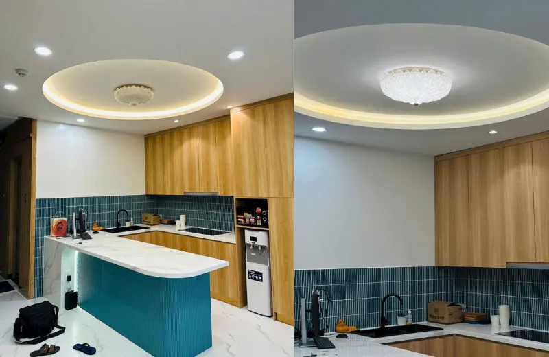 Đèn ốp trần - thiết kế ốp trần pha lê tròn trang trí phòng ăn hiện đại sang trọng