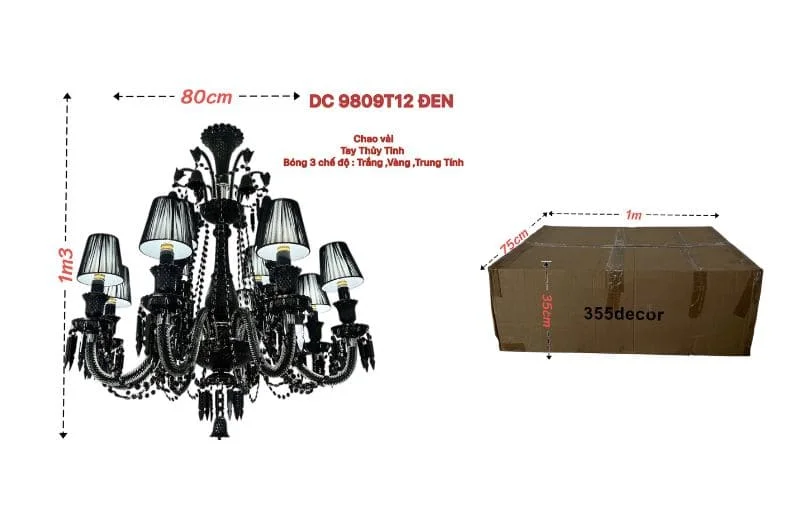 Kích thước của đèn chùm nến pha lê DC9809 ĐEN