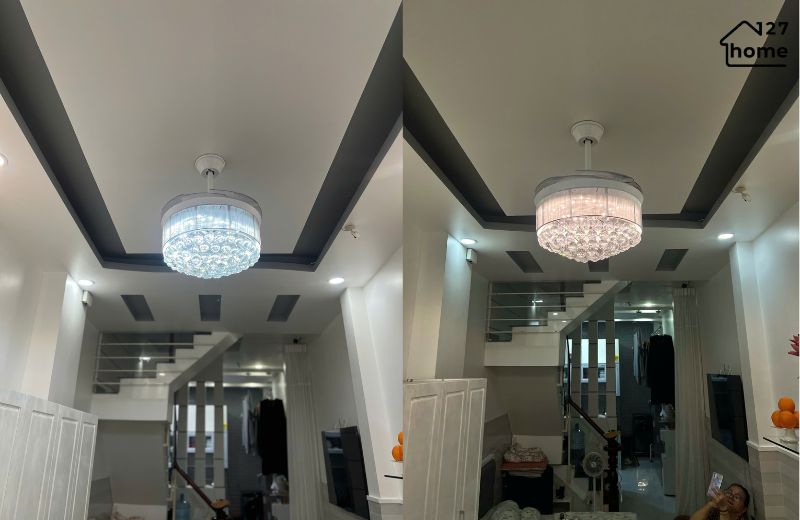 Quạt trần đèn chùm đổi màu – Tùy chỉnh ánh sáng ấm, trung tính, trắng mát chỉ với một chạm.