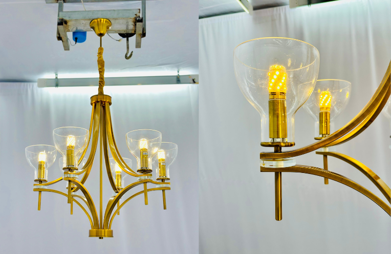 Cận cảnh Đèn Chùm DC458T6 thân hợp kim vàng đồng, chụp thủy tinh trong suốt, ánh sáng vàng ấm áp