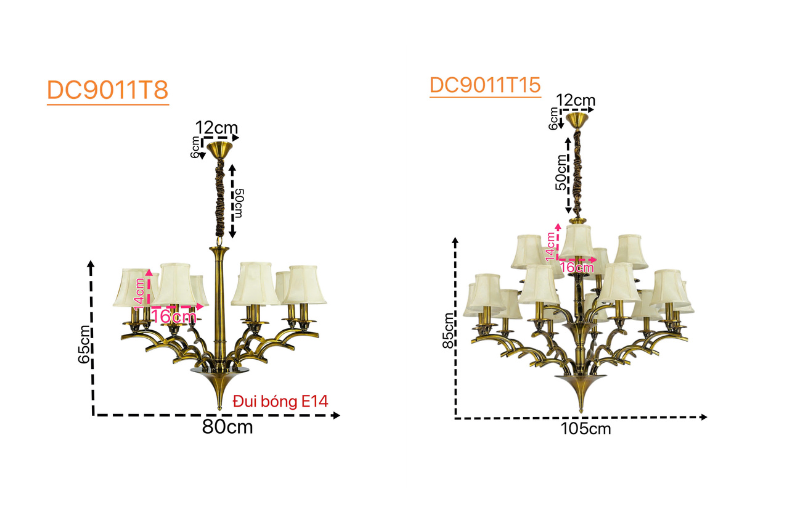 Đèn Chùm DC9011T8 và DC9011T15 bằng hợp kim cao cấp, thiết kế cổ điển Châu Âu sang trọng, ánh sáng ấm áp, đui bóng E14, phù hợp phòng khách và sảnh lớn.