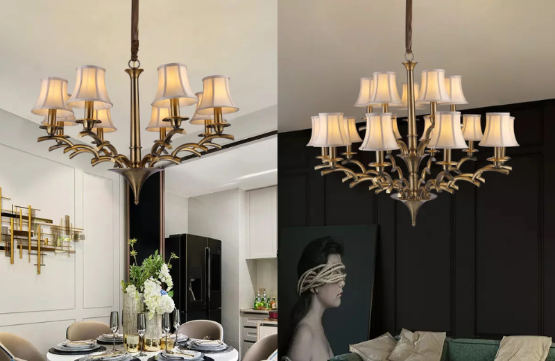 Đèn Chùm DC9011 phong cách châu Âu hiện đại, thân hợp kim mạ đồng với chao vải trắng, lắp đặt tại phòng ăn và phòng khách sang trọng.