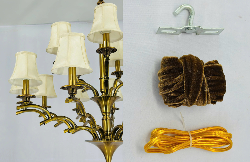 Đèn Chùm DC9011 với chao đèn vải trắng, khung hợp kim mạ đồng và bộ phụ kiện đi kèm gồm móc treo, dây điện và vỏ bọc nhung