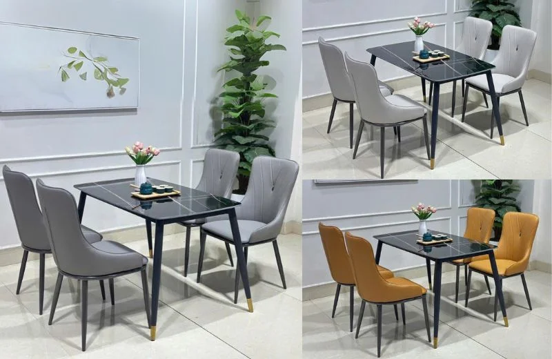 Bộ Bàn Ăn 4 Ghế Eva Mặt Ceramic Đen Bóng Chân CT002 với 3 lựa chọn