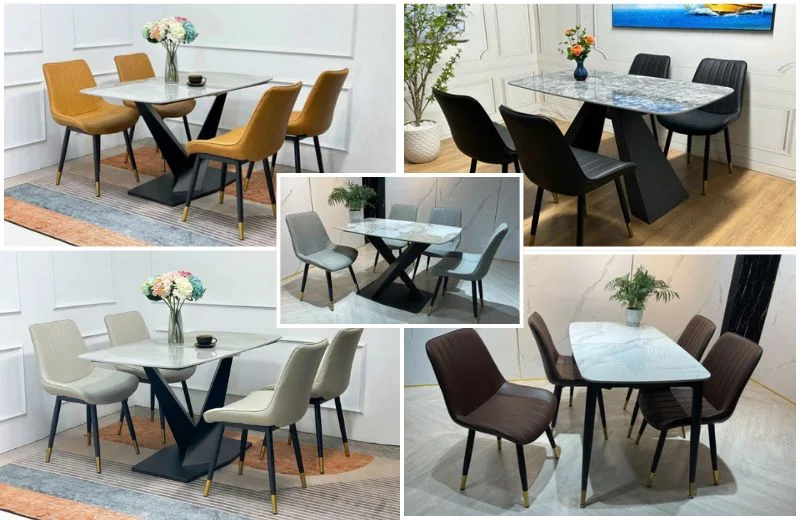 Bộ bàn ăn 4 ghế Loft sọc mặt ceramic trắng bóng chân CT006 với 5 lựa chọn màu sắc ghế khác nhau