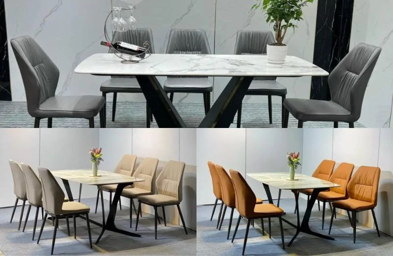 Bộ bàn ăn 6 ghế Kevin mặt bạch ngọc chân CT020 với 3 phối màu ghế hiện đại