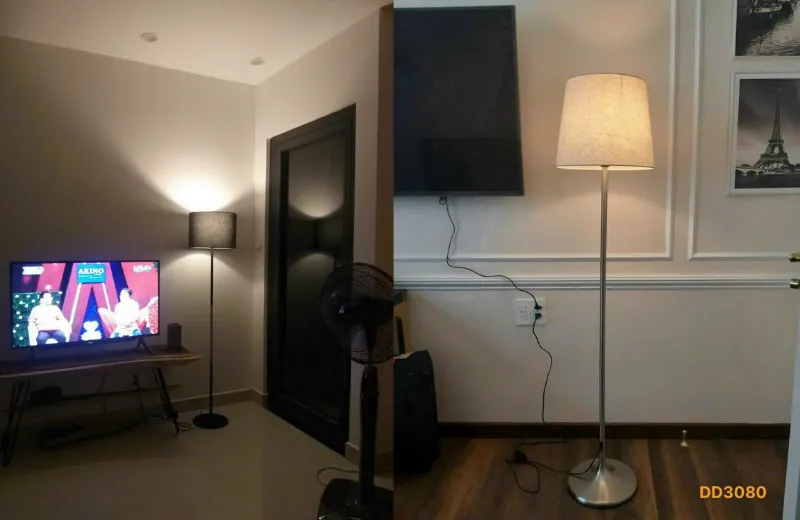 Đèn cây đứng phòng khách - thiết kế trụ đơn, chao vải chụp.