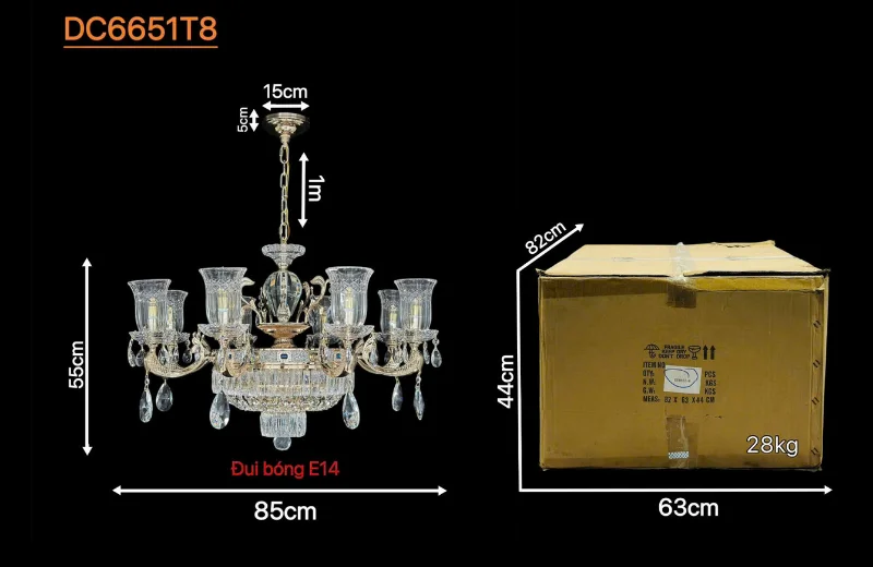 Kích thước Đèn Chùm Pha Lê DC6651T8