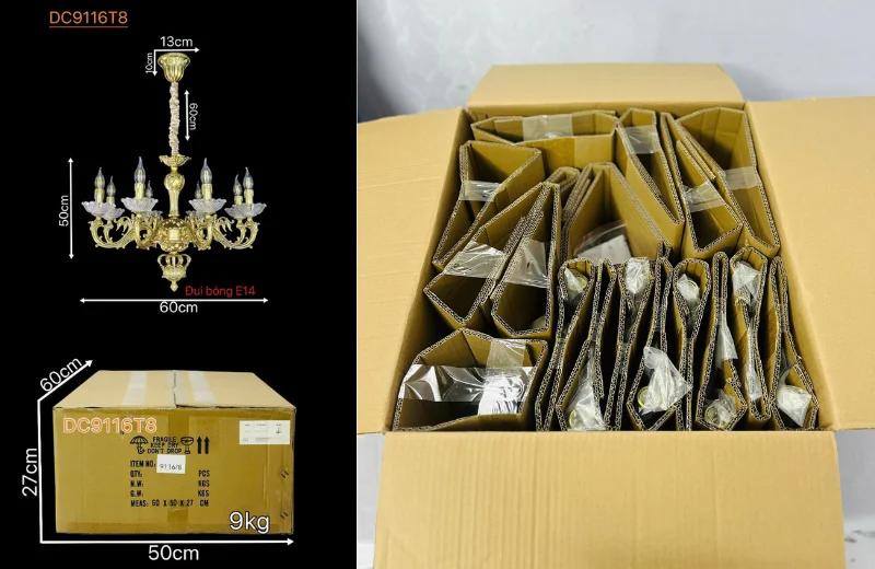 Kích thước và đóng thùng Đèn Chùm DC9116T8