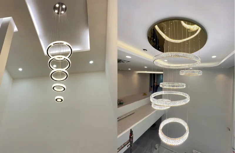 Đèn trang trí phòng khách - thiết kế thả vòng led hiện đại thông tầng phòng khách