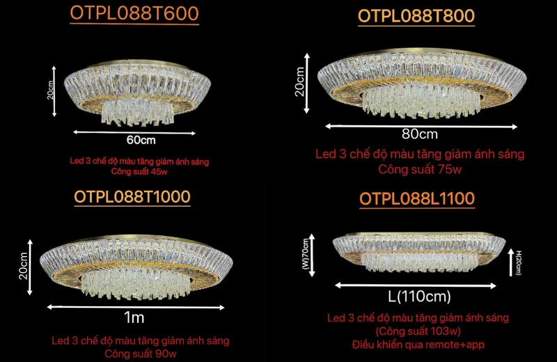 Kích thước Đèn Ốp Trần Pha Lê OTPL088