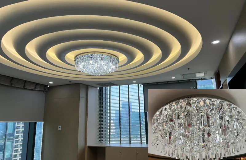 Đèn trang trí phòng khách - thiết kế ốp trần pha lê trang trí phòng khách hiện đại sang trọng