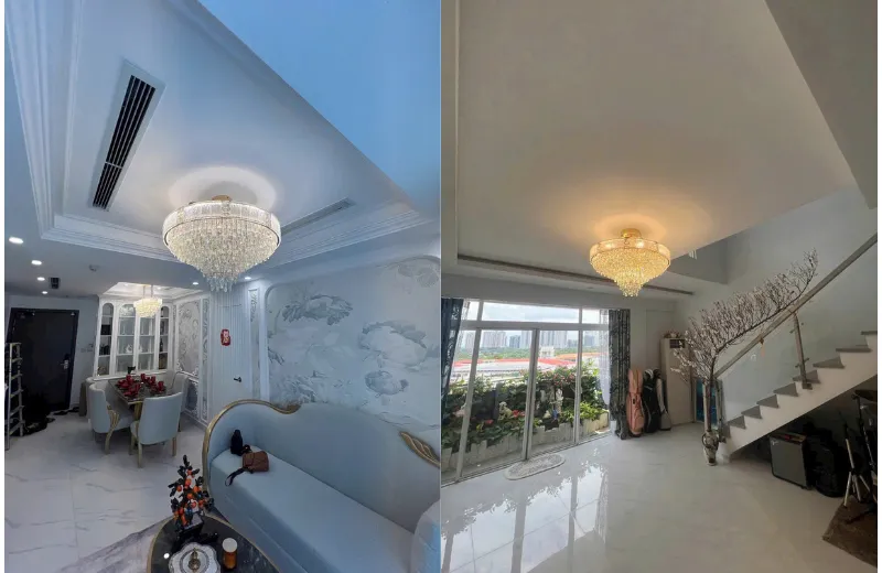 Đèn thả pha lê TPL326 trang trí phòng khách – kiểu dáng tròn và ngang hiện đại, pha lê cao cấp phản chiếu ánh sáng LED vàng ấm, tạo điểm nhấn sang trọng cho không gian nội thất.