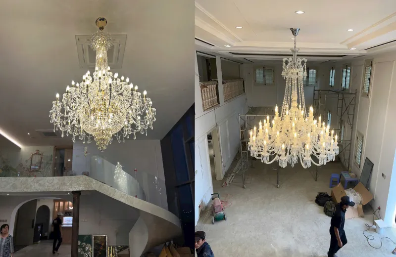 Đèn trang trí phòng khách - thiết kế chùm pha lê thông tầng phòng khách sang trọng