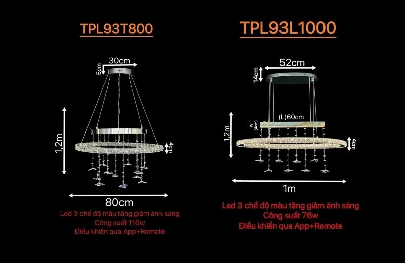 Thông số đèn thả pha lê TPL92 