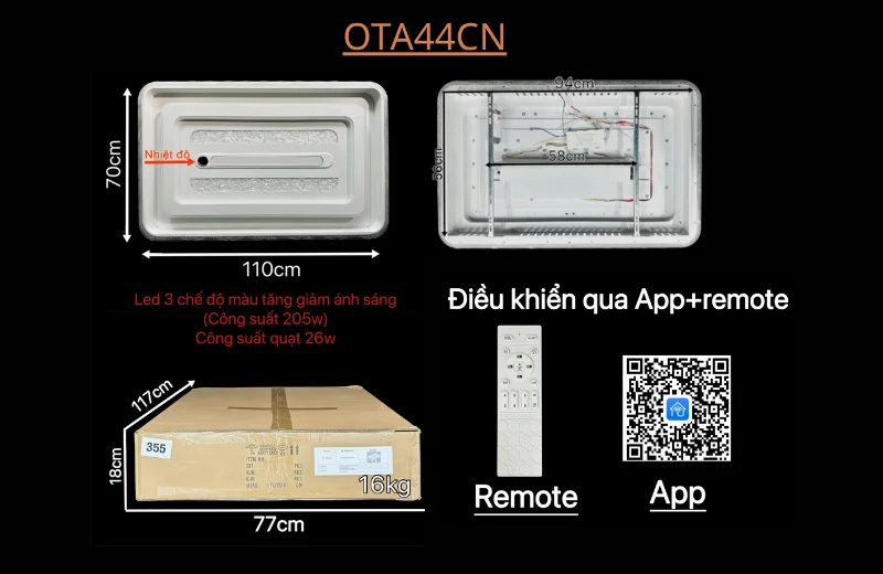 Thông số chi tiết Đèn Quạt Ốp Trần OTA44CN