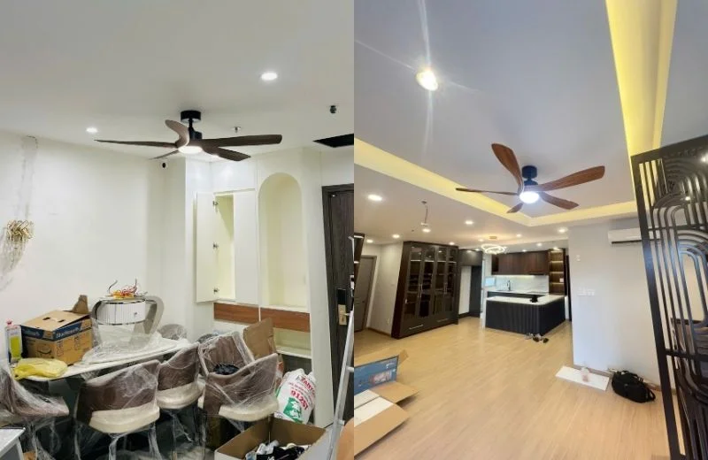 Quạt trần đèn QT63 thiết kế vân gỗ sang trọng cho phòng khách, bàn ăn