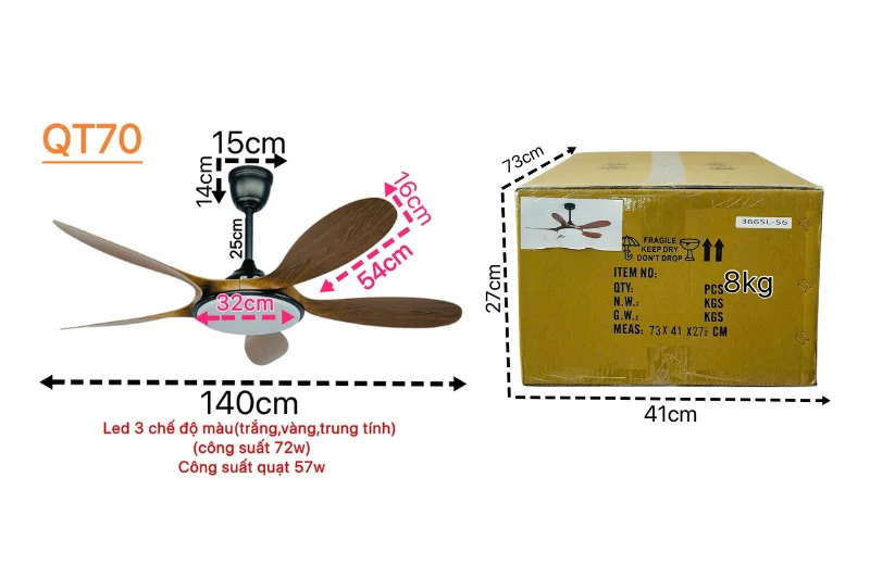 Thông số chi tiết Quạt Trần Đèn QT70 