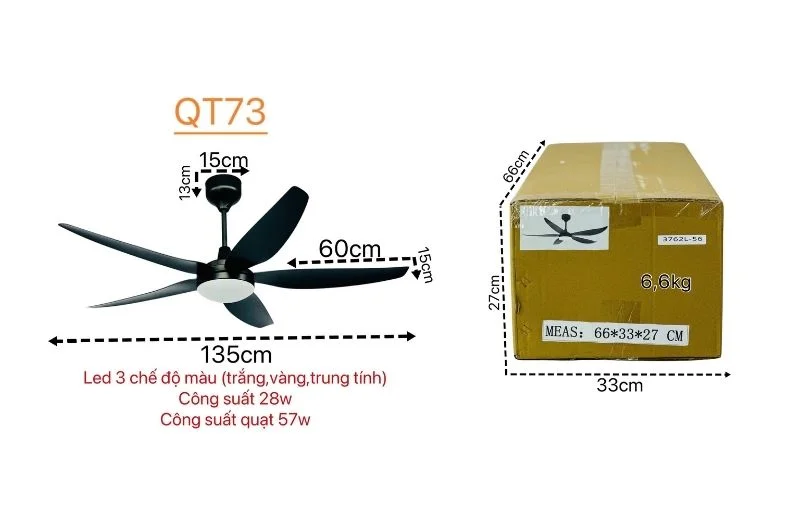 Thông số quạt trần đèn QT73 