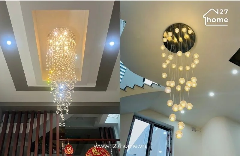 Các mẫu đèn chùm thông tầng cho cầu thang, sảnh, trần cao