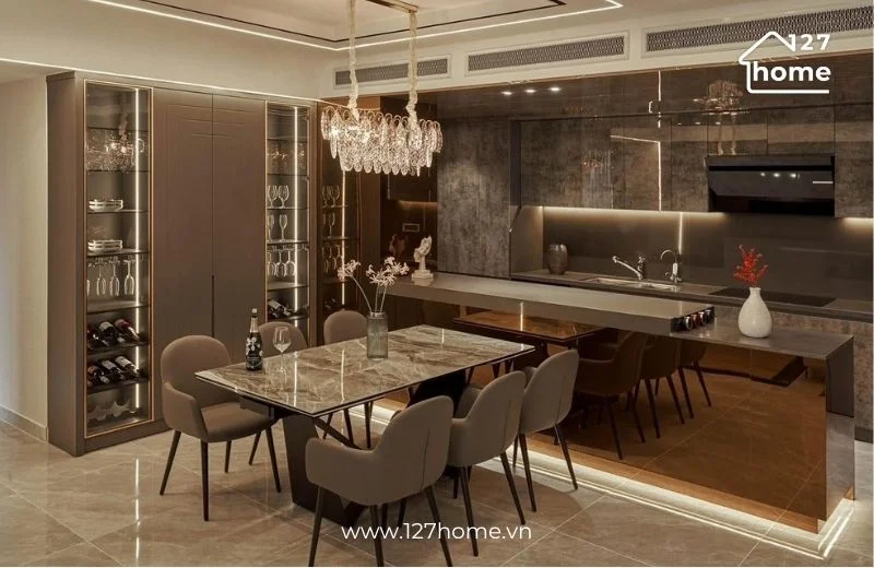 Đèn chùm pha lê TPL8021N900 dáng dài cho bàn ăn căn hộ cao cấp