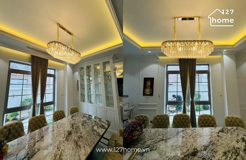 Đèn chùm pha lê phù hợp cho phòng ăn, bàn đảo bếp