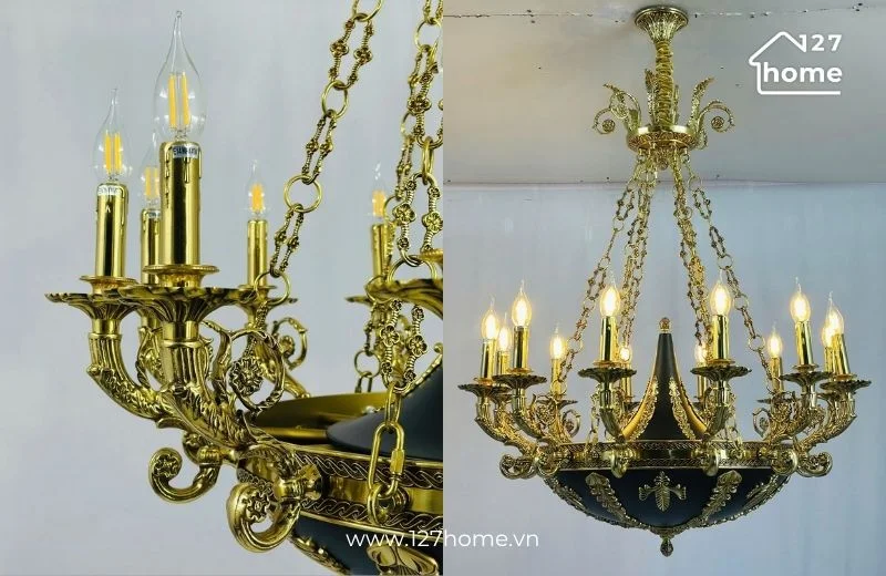Mẫu đèn chùm đồng DCD0427T12 với các tay nến được chạm khắc tinh xảo
