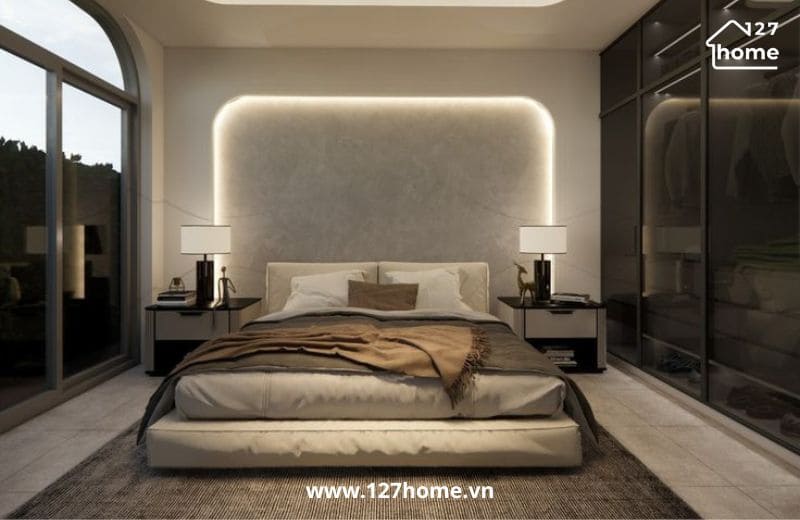 Sử dụng đèn bàn đặt 2 bên giường tạo sự cân đối cho phòng ngủ