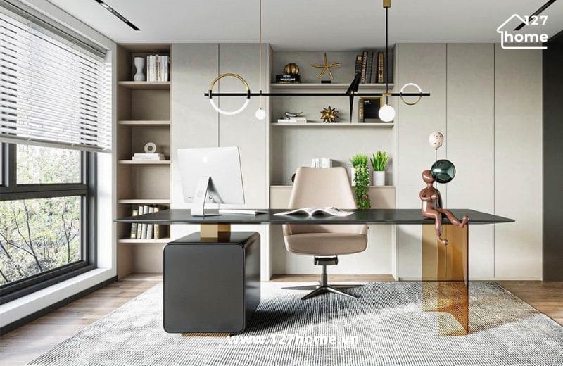 Thảm trải sàn hoạ tiết đơn giản tăng sự tập trung cho phòng làm việc