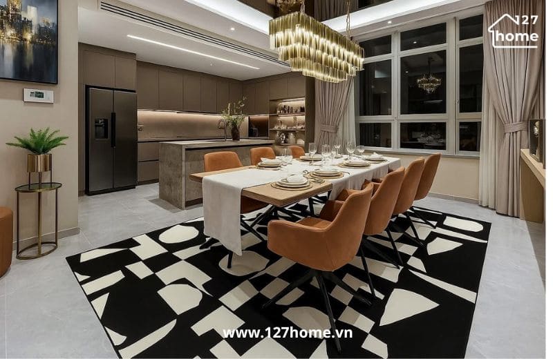 Thảm trải sàn giúp phòng ăn trở nên ấm cúng hơn