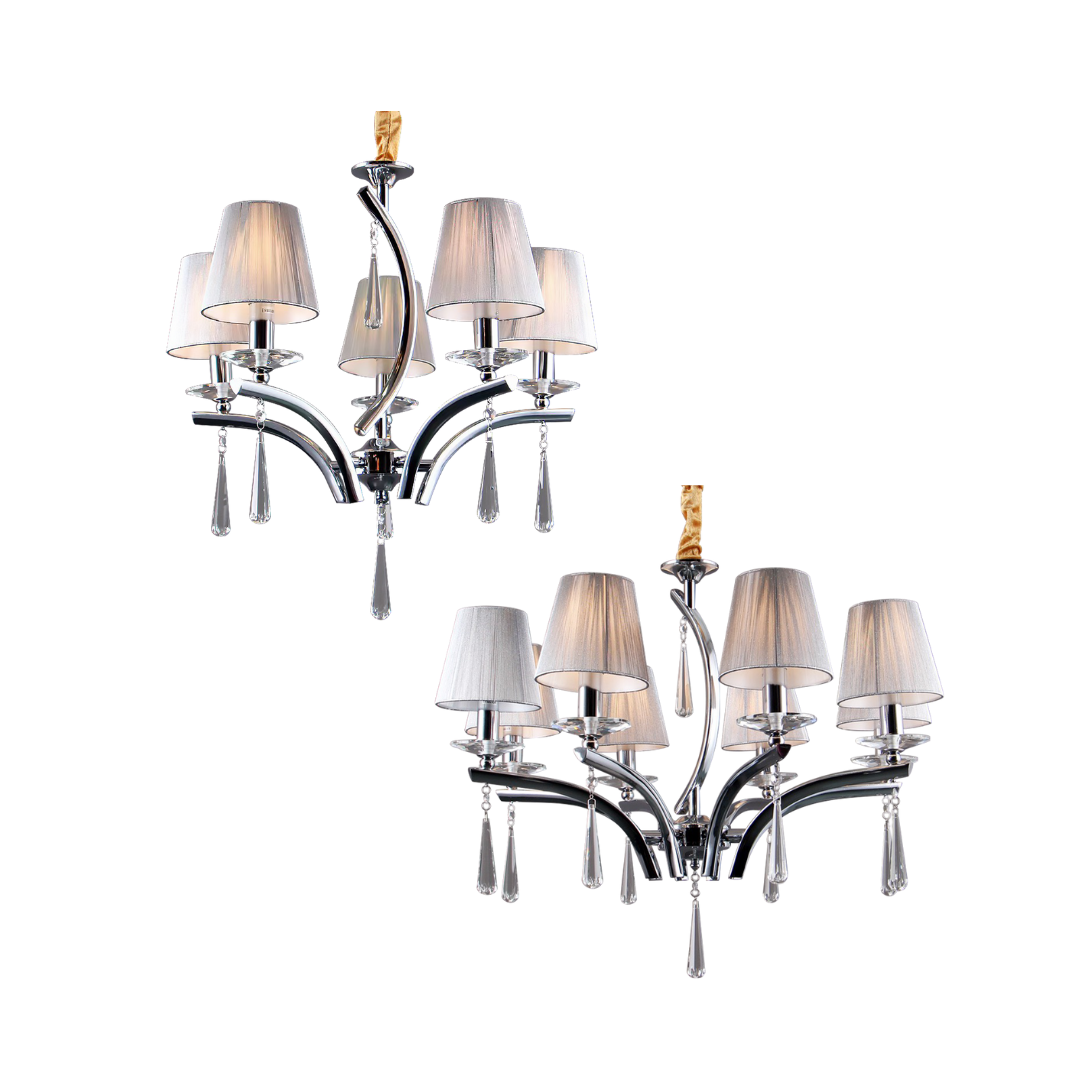 Đèn chùm trang trí hiện đại DC308 với thân kim loại mạ chrome, chao đèn vải cao cấp và pha lê treo sang trọng.